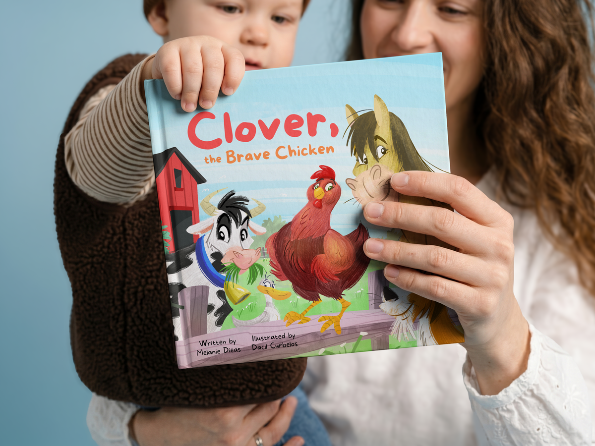 Mother and son reading Clover, the Brave Chicken together