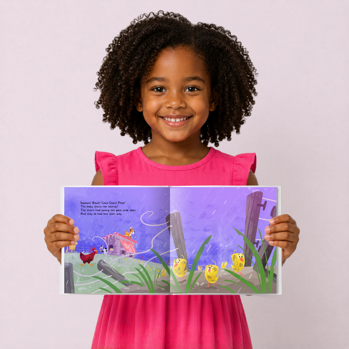 Child holding the picture book Clover, the Brave Chicken
