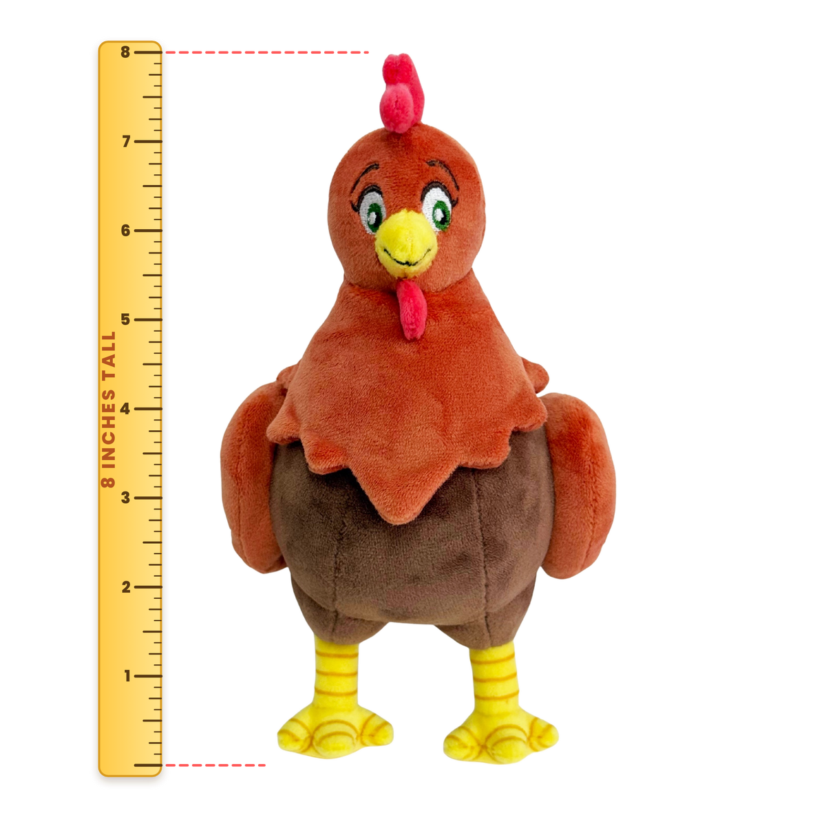 Clover plush next to a ruler: 8 inches tall
